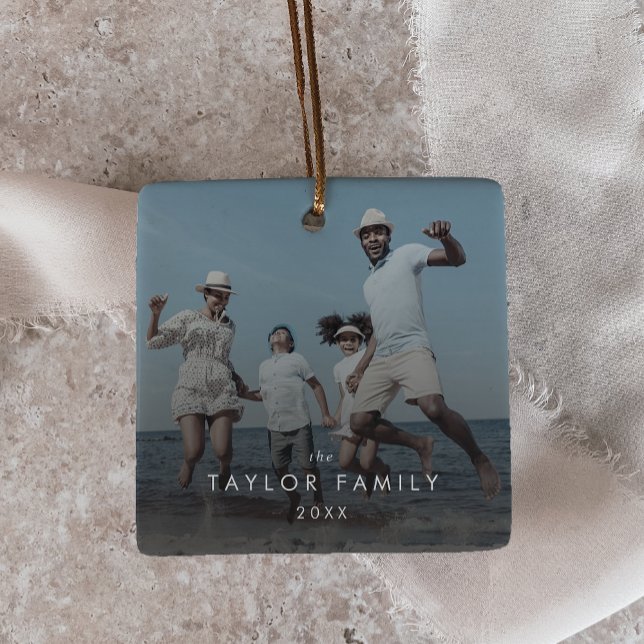 Chic Yearly Family Photo Overlay Keepsake Ceramic Ornament (Creator Uploaded)