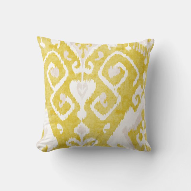 Chic yellow and grey damask ikat tribal pattern cushion (Front)