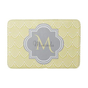 Chic Yellow Art Deco Scallops Grey  Monogram Name Bath Mat