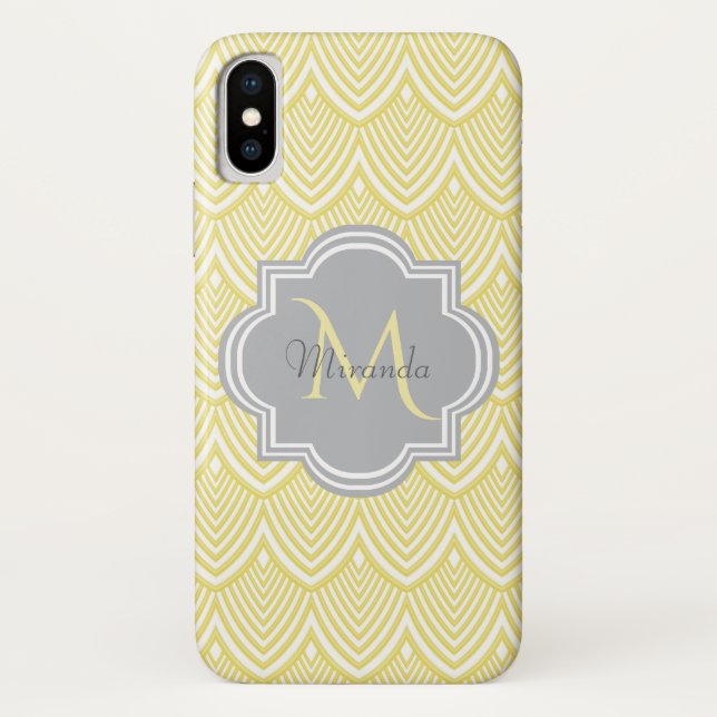 Chic Yellow Art Deco Scallops Grey  Monogram Name Case-Mate iPhone Case (Back)