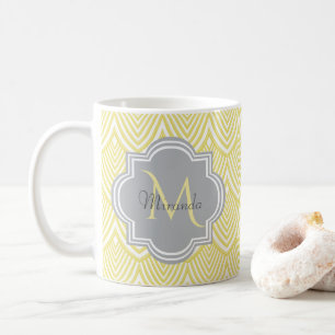 Chic Yellow Art Deco Scallops Grey Monogram Name Coffee Mug