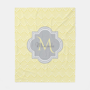 Chic Yellow Art Deco Scallops Grey  Monogram Name Fleece Blanket