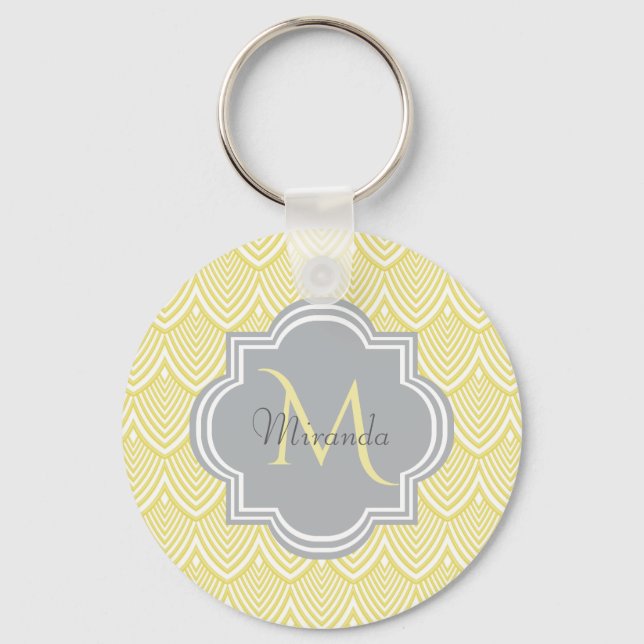Chic Yellow Art Deco Scallops Grey Monogram Name Key Ring (Front)