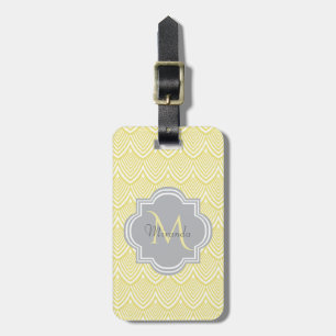 Chic Yellow Art Deco Scallops Grey Monogram Name Luggage Tag