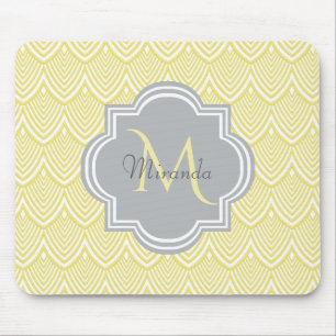 Chic Yellow Art Deco Scallops Grey Monogram Name Mouse Pad