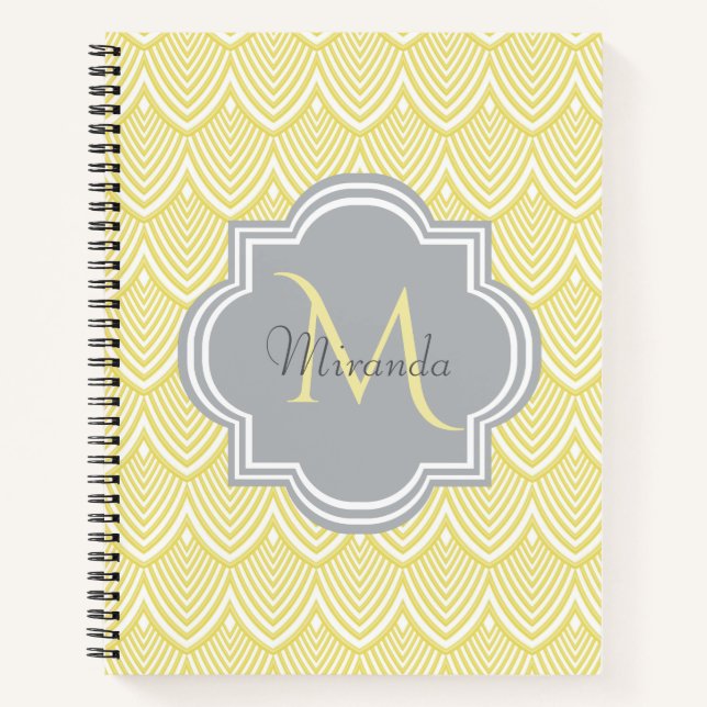 Chic Yellow Art Deco Scallops Grey  Monogram Name Notebook (Front)