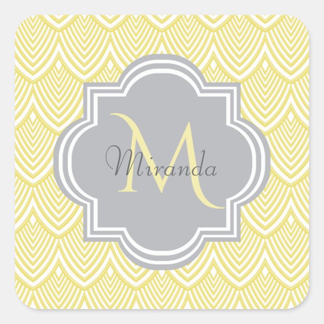Chic Yellow Art Deco Scallops Grey  Monogram Name Square Sticker (Front)