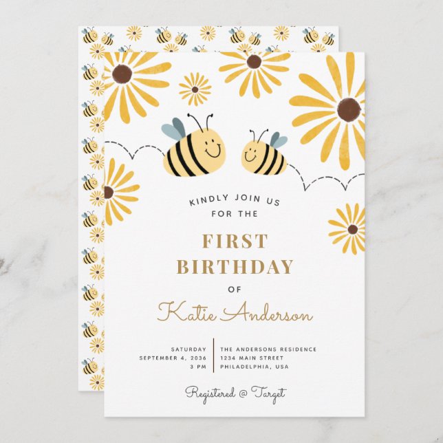 Chic Yellow Bee and Sunflower First Birthday Invitation (Front/Back)