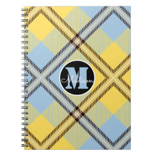 Chic Yellow Blue Plaid Tartan Monogram Script Name Notebook