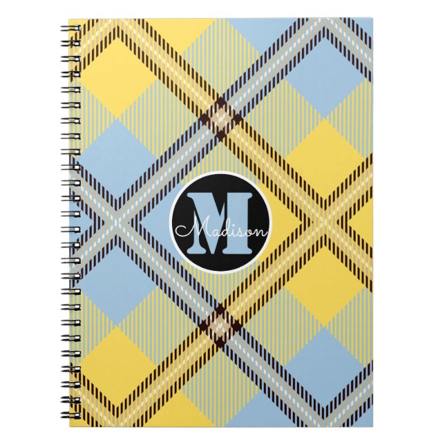 Chic Yellow Blue Plaid Tartan Monogram Script Name Notebook (Front)