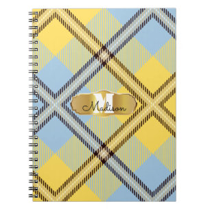 Chic Yellow Blue Tartan Gold Monogram Script Name  Notebook