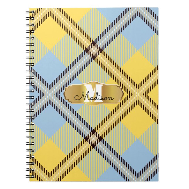 Chic Yellow Blue Tartan Gold Monogram Script Name  Notebook (Front)