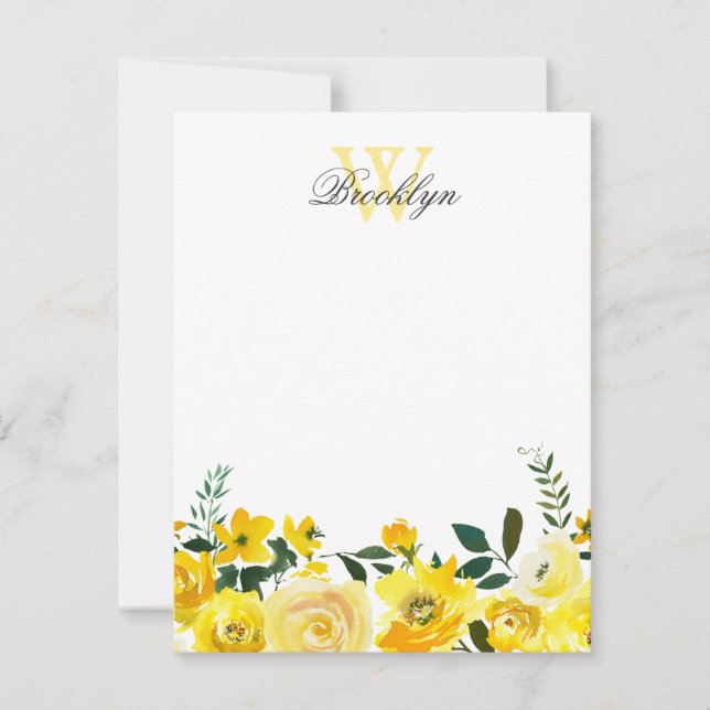 Chic Yellow Botanical Floral Monogrammed Note Card (Front)