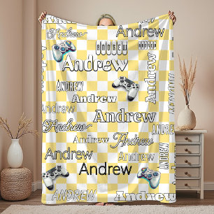 chic yellow checkered gaming monogram fleece blanket