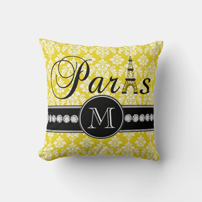 Chic Yellow Damask Paris Monogrammed Cushion (Front)