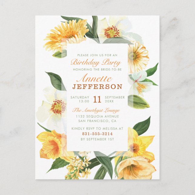 Chic Yellow Delicate Daisies Floral Birthday Party Invitation Postcard (Front)