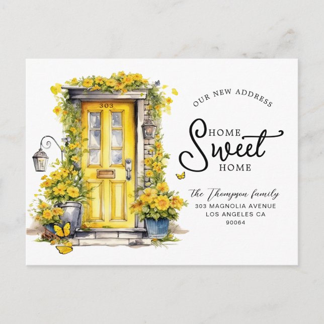 Chic Yellow Floral Door Home Sweet Home Moving Announcement Postcard (Front)