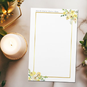 Chic Yellow Floral Gold Border Custom Stationery