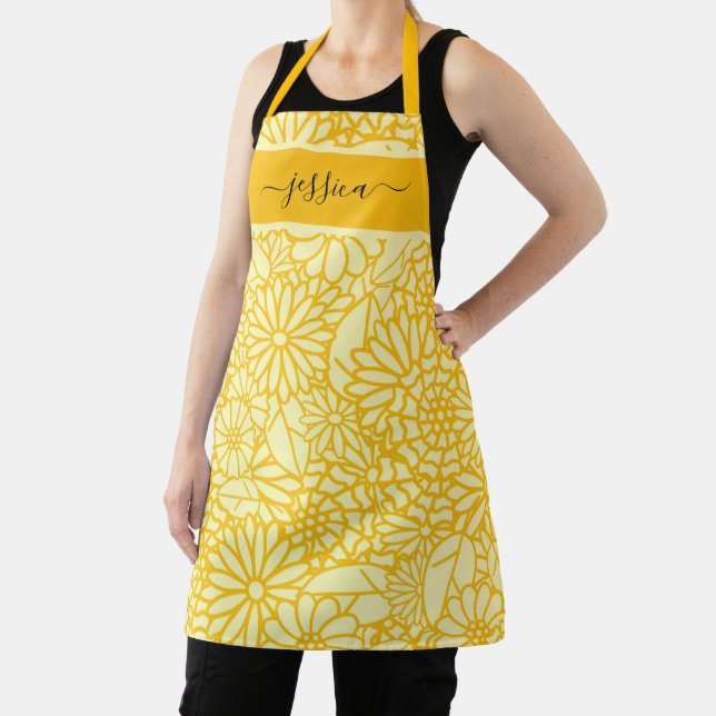 Chic yellow floral script name apron (Insitu)