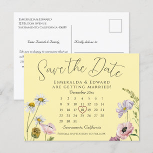 Chic Yellow Floral Wedding Calendar Save The Date Announcement Postcard