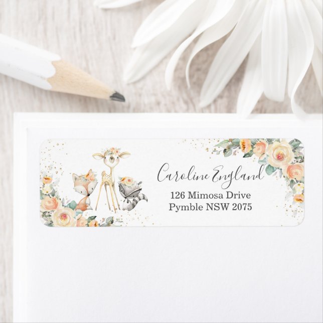 Chic Yellow Floral Woodland Animals Return Address (Insitu)