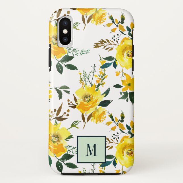 Chic Yellow Flowers and leaves monogram Case-Mate iPhone Case (Back)