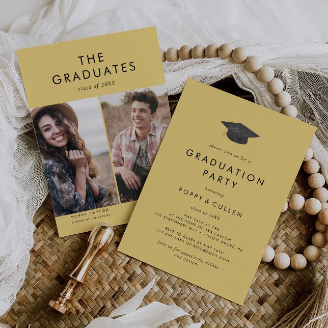Chic Yellow Grad Cap Photo Double Graduation Party Invitation (Creator Uploaded)