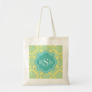 Chic yellow greek key geometric patterns monogram tote bag