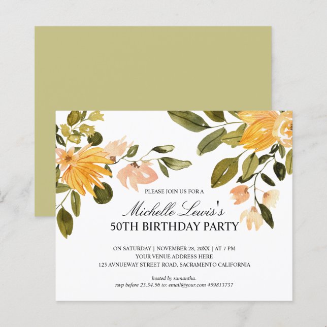 Chic Yellow green floral 50TH BIRTHDAY PARTY (Front/Back)