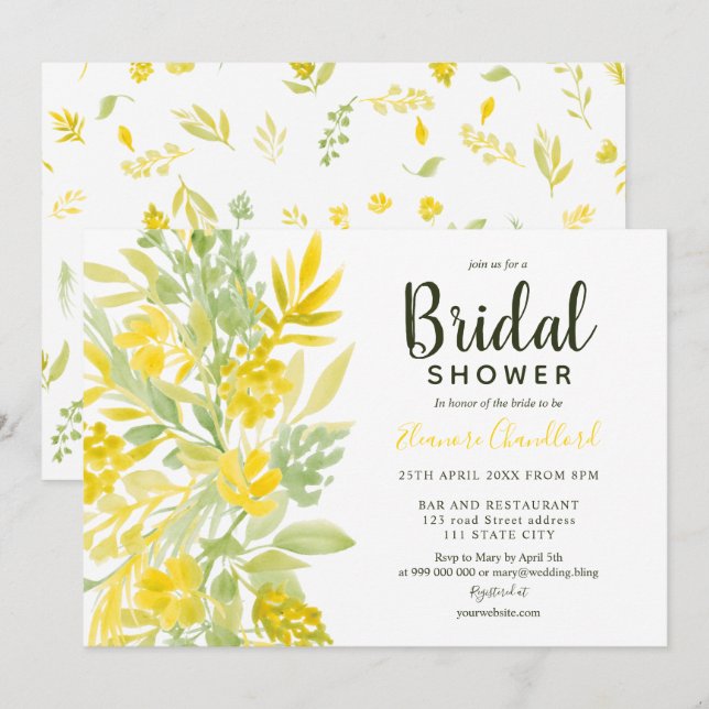Chic yellow green floral watercolor bridal shower invitation (Front/Back)