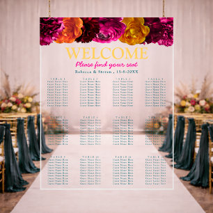 Chic yellow hot pink green floral wedding seating  acrylic sign