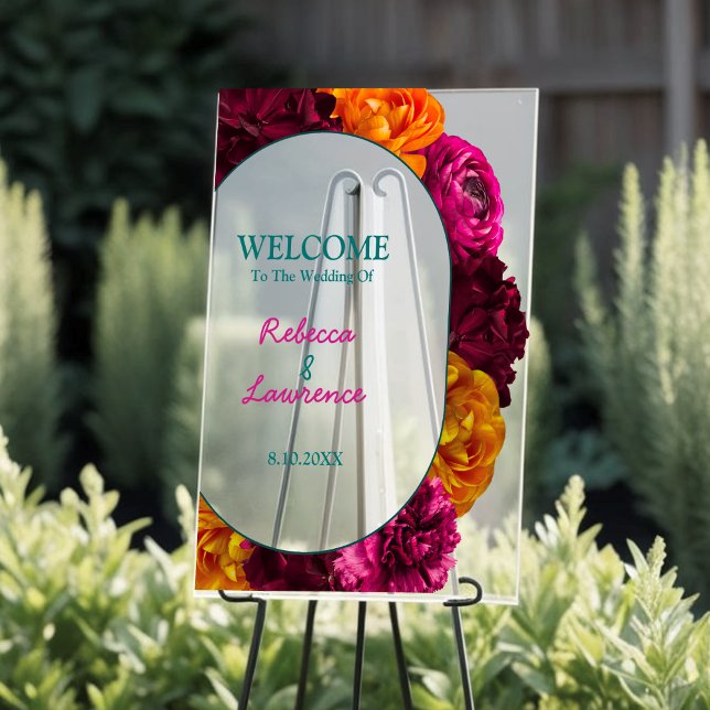 chic yellow hot pink green floral wedding welcome acrylic sign (Creator Uploaded)