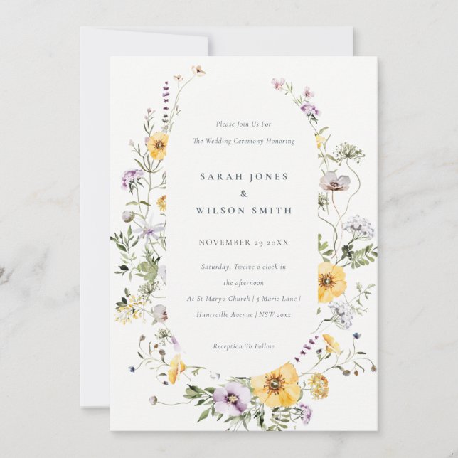 Chic Yellow Lilac Wildflower Frame Wedding Invite (Front)