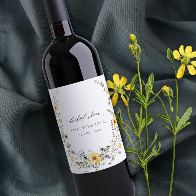 Chic Yellow Lilac Wildflower Wreath Bridal Shower Wine Label (Creator Uploaded)