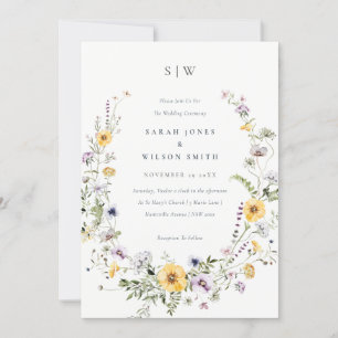 Chic Yellow Lilac Wildflower Wreath Wedding Invite