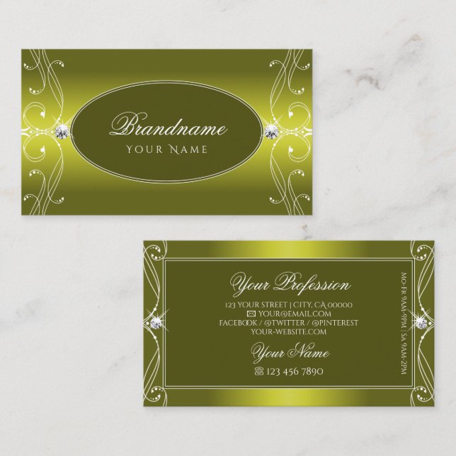 Chic Yellow Mustard Ornate Sparkle Jewels Ornament Business Card (Front/Back)