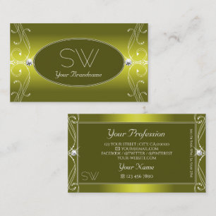 Chic Yellow Olive Ornate Sparkle Jewels Monogram Business Card