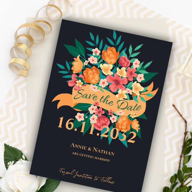 Chic Yellow Orange Blooms Wedding Save the Date  (Yellow Orange Florals Chic Wedding Save the Date Invitation)