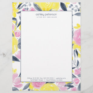 Chic yellow pink indigo blue floral watercolor custom letterhead