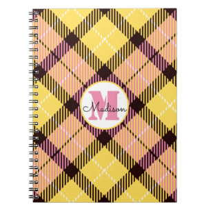 Chic Yellow Pink Plaid Tartan Monogram Script Name Notebook