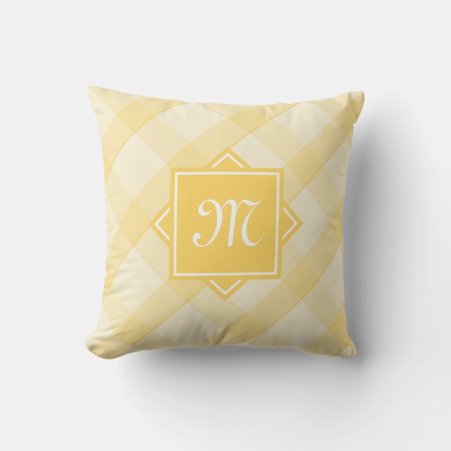 Chic Yellow Plaid With Modern Diagonal Monogram Cushion (Front)