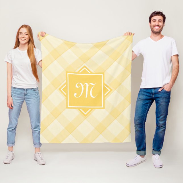 Chic Yellow Plaid With Modern Diagonal Monogram Fleece Blanket (In Situ)