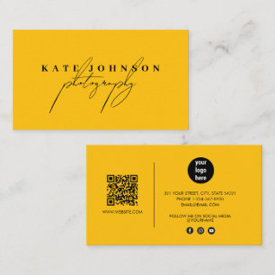 Chic Yellow Signature Script QR Code Social Media  Business Card