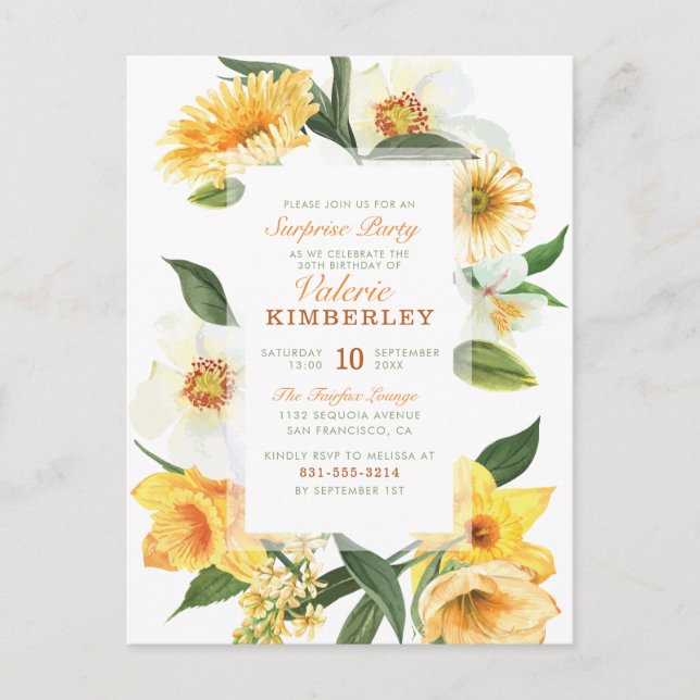 Chic Yellow Spring Daisies Floral Surprise Party Invitation Postcard (Front)