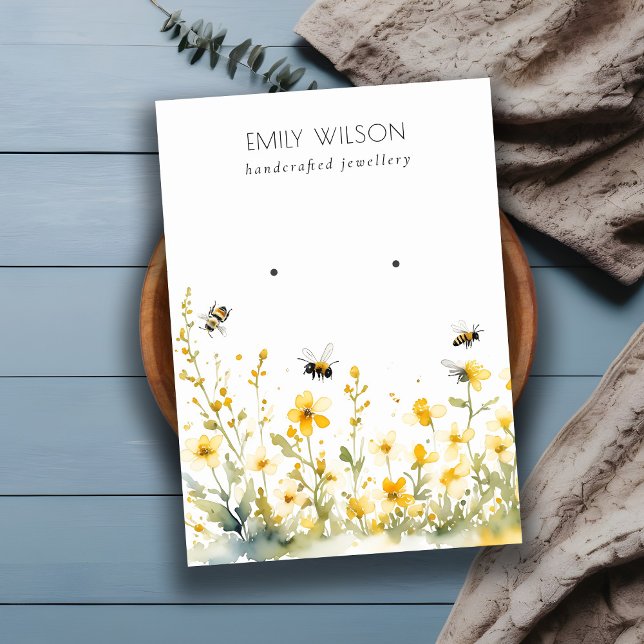 Chic Yellow Spring Wildflower Bee Earring Display Business Card (Creator Uploaded)