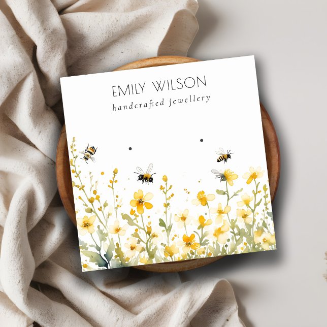 Chic Yellow Spring Wildflower Bee Earring Display Square Business Card (Creator Uploaded)