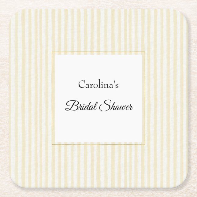 Chic Yellow Stripes Bridal Shower Square Paper Coaster (Front)