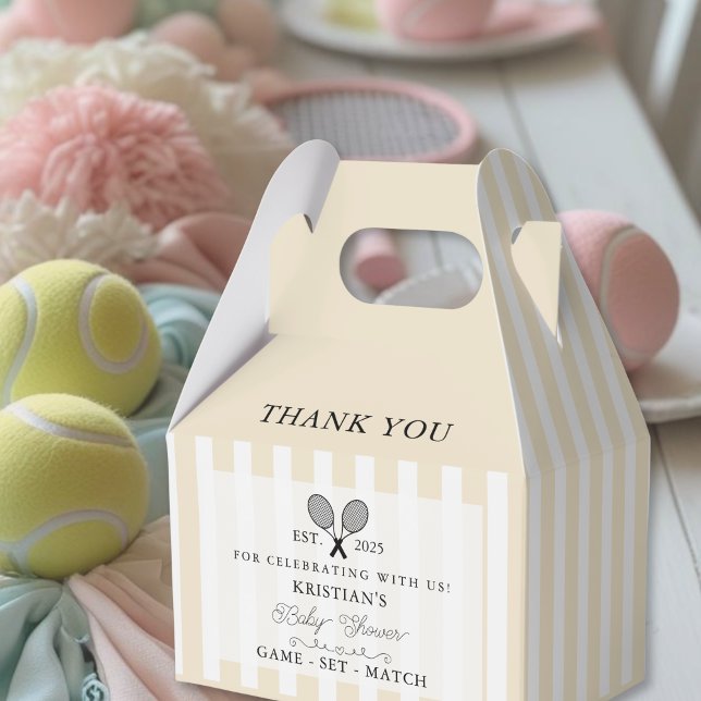 Chic Yellow Stripes Tennis Baby Shower Thank You  Favour Box (elegant creamy butter yellow baby shower favor box with personalized names and tennis motif for chic)