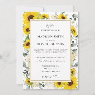 Chic Yellow Sunflower Floral Gold Frame Wedding    Invitation