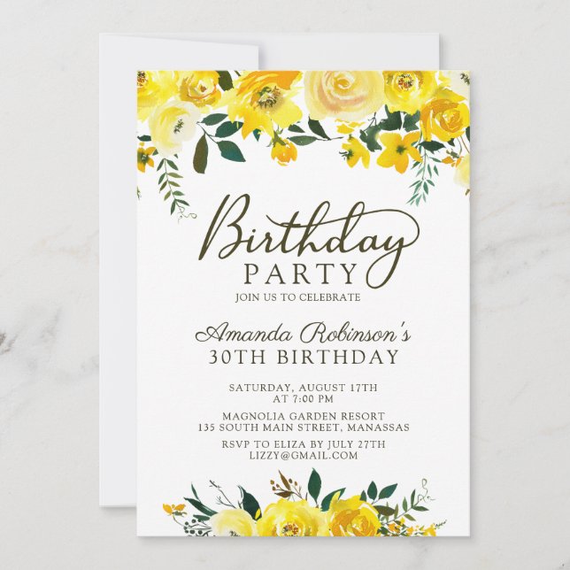 Chic Yellow Watercolor Rose Floral 30th Birthday Invitation (Front)